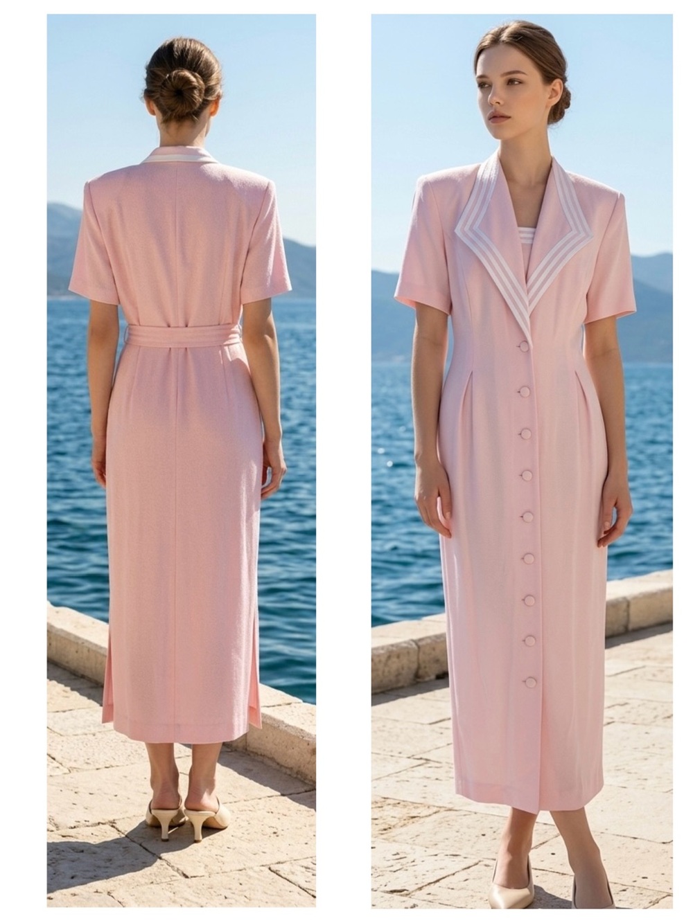 S.L.Fashions Women Vintage Sz 12 Pastel Pink Buttoned Maxi Dress Notched Collar